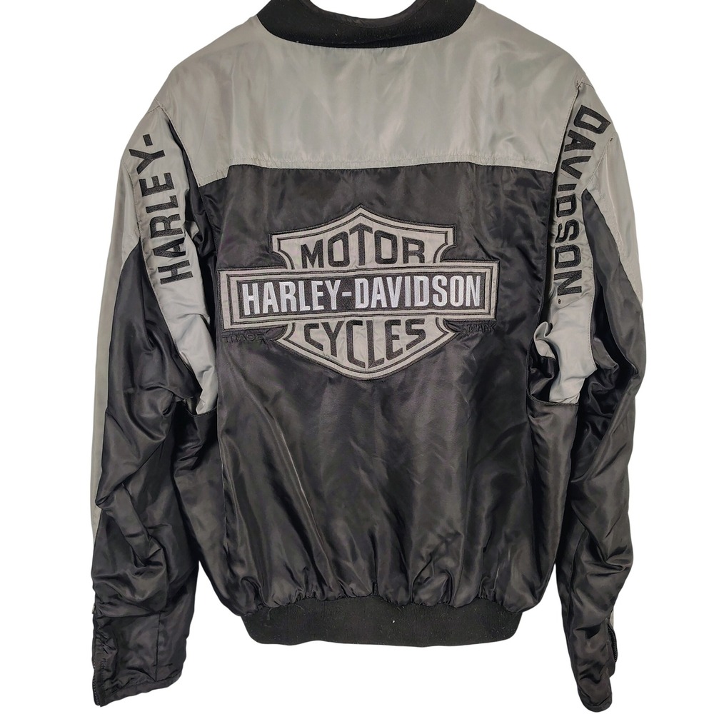 Harley-Davidson Mens L Bomber Jacket Black Grey Nylon Bikercore Moto Logo